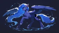 Size: 3840x2176 | Tagged: safe, ai content, derpibooru import, generator:tponynai3, machine learning generated, prompter:truekry, stable diffusion, princess luna, alicorn, pony, g4, concave belly, female, full body, horn, image, mare, png, pose, raised hoof, slender, solo, spread wings, tail, thin, wallpaper, wings