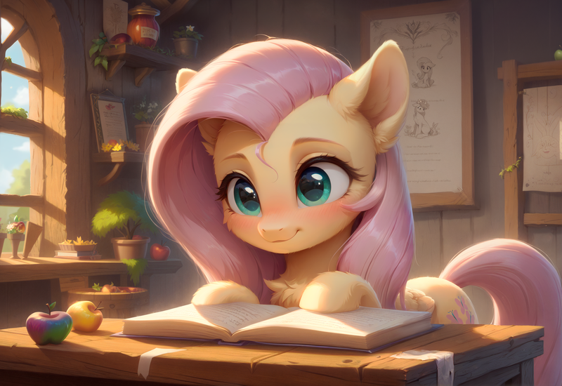 Size: 2397x1649 | Tagged: safe, ai content, derpibooru import, generator:bluefox mix, machine learning generated, prompter:adorablebluefox, stable diffusion, fluttershy, pegasus, pony, apple, bench, blush lines, blushing, book, cheek fluff, chest fluff, cute, detailed background, ear fluff, ears up, female, flower, fluffy, food, happy, hoof fluff, hooves, image, indoors, jars, looking down, mare, png, potted plant, reading, shyabetes, smiling, solo, tail, window, wings, zap apple