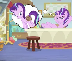 Size: 828x703 | Tagged: safe, derpibooru import, edit, starlight glimmer, pony, g4, brick, brick booty, bricks, butt, chair, desk, dock, female, fetish, forced meme, image, lidded eyes, mare, meme, mischievous, multicolored hair, multicolored mane, multicolored tail, mystery, plot, png, schrödinger's brick booty, schrödinger's pantsu, sitting, smug, solo, solo female, stool, tail, thought bubble