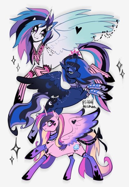 Size: 1499x2160 | Tagged: safe, artist:peachmichea, derpibooru import, princess cadance, princess celestia, princess luna, alicorn, pony, choker, chokerdance, chokerluna, goth, image, jpeg, messy mane, piercing, ponymania, simple background, white background, wing heart, wing piercing, wings