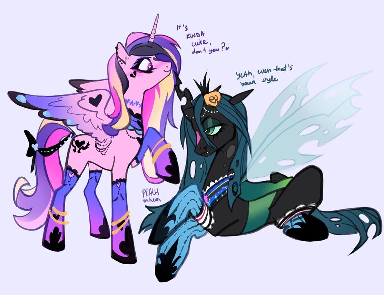 Size: 2498x1919 | Tagged: safe, artist:peachmichea, derpibooru import, princess cadance, queen chrysalis, alicorn, changeling, changeling queen, pony, choker, chokerdance, duo, emo chrysalis, emodance, female, goth, goth chrysalis, gothdance, image, jpeg, mare, ponymania, tail, tail wrap, wing heart