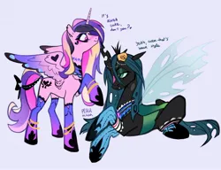 Size: 2498x1919 | Tagged: safe, artist:peachmichea, derpibooru import, princess cadance, queen chrysalis, alicorn, changeling, changeling queen, pony, choker, chokerdance, duo, emo chrysalis, emodance, female, goth, goth chrysalis, gothdance, image, jpeg, mare, ponymania, tail, tail wrap, wing heart