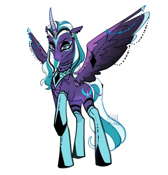 Size: 2413x2508 | Tagged: safe, artist:peachmichea, derpibooru import, alicorn, pony, g5, female, goth, image, jpeg, mare, opaline arcana, piercing, ponymania, raised hoof, simple background, solo, white background, wing piercing, wings