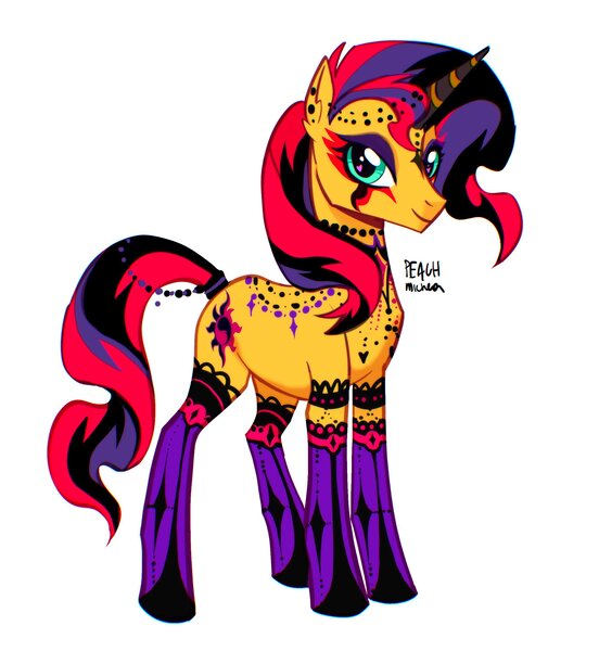 Size: 2322x2522 | Tagged: safe, artist:peachmichea, derpibooru import, sunset shimmer, pony, unicorn, g4, chokerset, female, goth, gothset shimmer, horn, image, jpeg, mare, piercing, ponymania, simple background, tail, tail wrap, white background