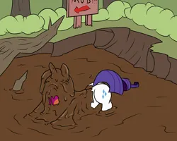 Size: 2000x1600 | Tagged: safe, artist:amateur-draw, derpibooru import, rarity, pony, unicorn, covered in mud, female, forest, horn, image, mud, mud bath, muddy, nature, png, sign, solo, tree