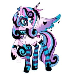 Size: 2171x2308 | Tagged: safe, artist:peachmichea, derpibooru import, princess flurry heart, alicorn, pony, g4, chokerheart, ear piercing, female, flurry goth, goth, image, jpeg, mare, older, older flurry heart, piercing, ponymania, princess emo heart, raised hoof, simple background, white background, wing heart, wing piercing, wings