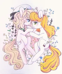 Size: 821x973 | Tagged: safe, artist:viki-niki, derpibooru import, oc, unofficial characters only, earth pony, g4, blonde, blonde hair, blonde mane, blonde tail, blue eyes, clothes, couple, curly hair, curly mane, curly tail, cute, duo, duo female, earth pony oc, female, female oc, flower, green eyes, hat, image, jpeg, looking at each other, looking at someone, loving gaze, lying down, ocbetes, sailor hat, sailor uniform, tail, traditional art, uniform, white coat, yellow hair, yellow mane, yellow tail