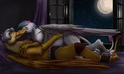 Size: 2500x1500 | Tagged: artist needed, source needed, safe, derpibooru import, princess celestia, oc, oc:alviss, gryphon, bed, bedroom, clothes, griffonized, image, loincloth, moon, night, png, species swap, stars, tribal, window