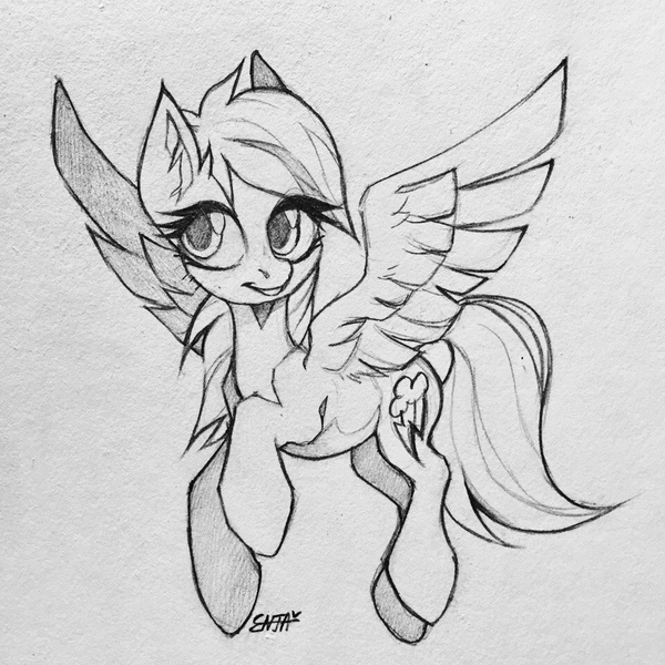 Size: 960x960 | Tagged: safe, artist:enjaadjital, derpibooru import, rainbow dash, pegasus, pony, g4, black and white, female, flying, grayscale, image, jpeg, mare, monochrome, pencil drawing, signature, simple background, sketch, smiling, solo, spread wings, traditional art, white background, wings