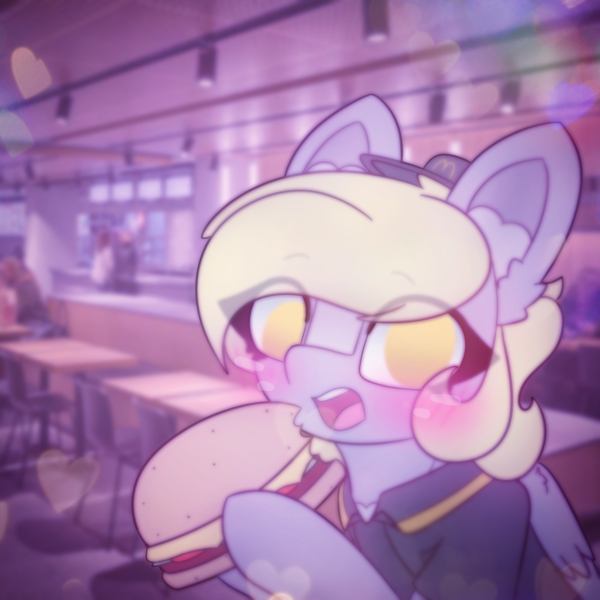 Size: 2664x2664 | Tagged: safe, artist:sodapop sprays, derpibooru import, derpy hooves, oc, unofficial characters only, pegasus, pony, series:derpy can't catch a break, blushing, burger, clothes, ear fluff, eye clipping through hair, food, freckles, image, irl background, looking at you, mcdonald's, png, solo, uniform