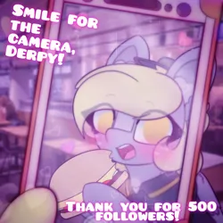 Size: 2664x2664 | Tagged: safe, artist:sodapop sprays, derpibooru import, carrot top, derpy hooves, golden harvest, oc, unofficial characters only, pegasus, pony, series:derpy can't catch a break, :o, blushing, burger, clothes, ear fluff, eye clipping through hair, food, freckles, image, irl background, looking at you, mcdonald's, open mouth, phone, png, solo, surprised, taking a photo, uniform