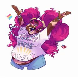 Size: 2000x2000 | Tagged: safe, artist:uunicornicc, part of a set, pinkie pie, human, g4, american flag, blackwashing, clothes, eyes closed, fat, female, flag, headcanon, humanized, image, jpeg, open mouth, pansexual pride flag, pride, pride flag, sexuality headcanon, simple background, solo, vitiligo, white background