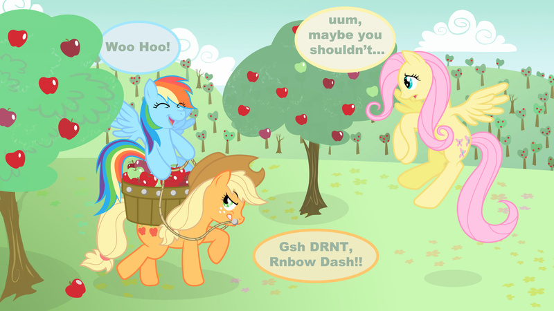 Size: 2000x1125 | Tagged: artist needed, safe, derpibooru import, applejack, fluttershy, rainbow dash, earth pony, pegasus, pony, annoyed, apple, apple orchard, applejack is not amused, applejack's hat, bit, cloud, cowboy hat, cutie mark, day, dialogue, eyes closed, female, flying, food, fruit, full body, hat, image, jpeg, looking back, mare, open mouth, open smile, orchard, outdoors, ponies riding ponies, reins, riding, riding a pony, sky, smiling, tack, text, tree, unamused, wings