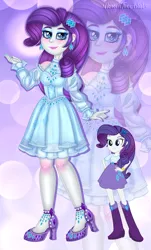 Size: 1462x2418 | Tagged: safe, artist:noreentheartist, part of a set, rarity, equestria girls, abstract background, clothes, dress, ear piercing, earring, female, hairpin, image, jewelry, looking at you, makeup, piercing, png, self paradox, shoes, smiling, solo