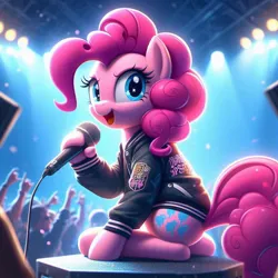 Size: 1024x1024 | Tagged: safe, ai content, derpibooru import, machine learning generated, pinkie pie, earth pony, g4, clothes, female, image, jacket, jpeg, microphone, prompter:pinkiepiepics, rapper, rapper pie, wrong cutie mark