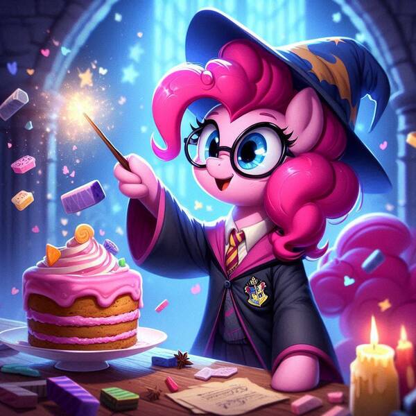 Size: 1024x1024 | Tagged: safe, ai content, derpibooru import, machine learning generated, pinkie pie, earth pony, g4, cake, female, food, harry potter, harry potter (series), hat, hogwarts, image, jpeg, prompter:pinkiepiepics, wand, wizard, wizard hat