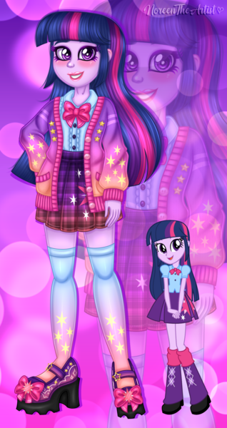 Size: 1280x2418 | Tagged: safe, artist:noreentheartist, part of a set, twilight sparkle, equestria girls, abstract background, bow, cardigan, clothes, female, image, looking at you, png, self paradox, shoes, skirt, smiling, smiling at you, socks, solo, thigh highs