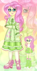 Size: 1280x2418 | Tagged: safe, artist:noreentheartist, part of a set, fluttershy, equestria girls, abstract background, clothes, dress, female, hairpin, image, looking at you, png, self paradox, shoes, smiling, solo