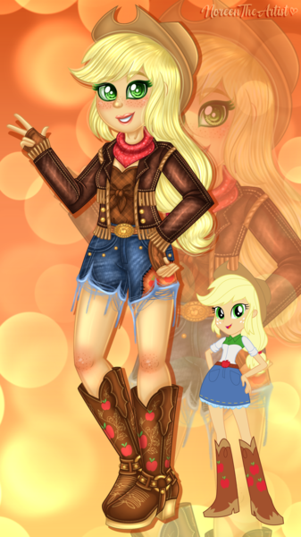 Size: 1406x2503 | Tagged: safe, artist:noreentheartist, part of a set, applejack, equestria girls, abstract background, applejack's hat, bandana, clothes, cowboy hat, cutie mark, cutie mark on clothes, female, fingerless gloves, gloves, hat, image, jacket, knee-high boots, looking at you, peace sign, png, self paradox, shorts, smiling at you, solo