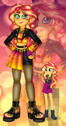 Size: 1280x2418 | Tagged: safe, artist:noreentheartist, part of a set, sunset shimmer, equestria girls, abstract background, boots, chains, clothes, cutie mark, cutie mark on clothes, ear piercing, earring, female, fingerless gloves, gloves, image, jacket, jewelry, leather jacket, looking at you, necklace, piercing, png, self paradox, shoes, short shirt, skirt, solo