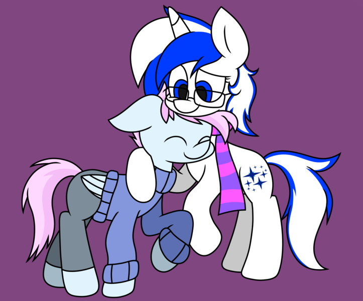 Size: 3645x3024 | Tagged: safe, artist:derpyalex2, derpibooru import, oc, oc:stargazer, unofficial characters only, pegasus, pony, unicorn, clothes, commission, digital art, glasses, horn, hug, image, pants, png, scarf, simple background, sweater