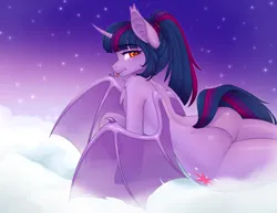 Size: 2996x2316 | Tagged: suggestive, artist:evlass, derpibooru import, twilight sparkle, twilight sparkle (alicorn), alicorn, bat pony, bat pony alicorn, semi-anthro, anus, bat ponified, bat wings, butt, horn, image, looking at you, nudity, png, race swap, red eyes, slit pupils, solo, twibat, twibutt, wings