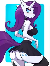 Size: 1500x1956 | Tagged: suggestive, artist:kinhey, derpibooru import, rarity, anthro, unicorn, g4, ass, blue background, blushing, bra, butt, choker, clothes, crop top bra, erect nipples, eyeshadow, female, garter straps, garters, horn, image, jpeg, looking back, makeup, microskirt, miniskirt, nipple outline, passepartout, pink eyeshadow, rearity, simple background, skirt, socks, solo, solo female, spiked choker, stockings, studded choker, tail, thigh highs, underwear