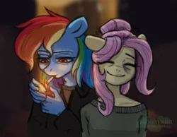 Size: 3000x2323 | Tagged: safe, artist:bloodymrr, derpibooru import, fluttershy, rainbow dash, anthro, pegasus, g4, abuse, alternate universe, bags under eyes, blue coat, blurry background, bruised, cigarette, clothes, duo, duo female, eye clipping through hair, female, floppy ears, hair bun, holding, image, implied violence, lidded eyes, looking at you, looking down, multicolored hair, multicolored mane, pink hair, pink mane, png, rainbow hair, smiling, smiling at you, smoking, sweater, sweatershy, tired, watermark, yellow coat