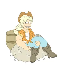 Size: 795x1005 | Tagged: safe, artist:luvi-verse, derpibooru import, applejack, g4, applejack's hat, barrel, cowboy hat, cowgirl, female, hat, hay, image, jpeg, solo