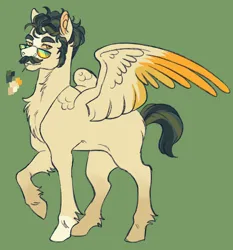 Size: 1492x1603 | Tagged: safe, artist:cactiflowers, derpibooru import, oc, pegasus, pony, colored wings, gradient wings, green background, image, male, offspring, parent:soarin', parent:spitfire, parents:soarinfire, png, simple background, solo, stallion, sunglasses, two toned wings, wings