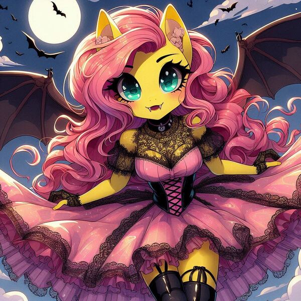 Size: 1024x1024 | Tagged: safe, ai content, derpibooru import, machine learning generated, prompter:glimmy-glam, fluttershy, anthro, bat, bat pony, g4, bat ponified, bat wings, blushing, clothes, corset, curly hair, cute, dress, ear fluff, fangs, fingerless gloves, flutterbat, frilly, generator:dall-e 3, gloves, image, jpeg, lolita fashion, looking at you, moon, night, puffy sleeves, race swap, skirt, socks, solo, thigh highs, wings