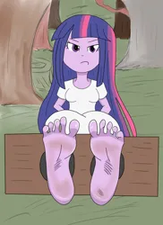 Size: 4800x6600 | Tagged: suggestive, artist:coolcliffstudios, derpibooru import, twilight sparkle, equestria girls, g4, annoyed, barefoot, feet, female, fetish, foot fetish, image, jpeg, soles, solo, solo female, stocks, toes