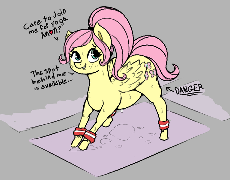 Size: 1054x824 | Tagged: suggestive, artist:pencilfriend, derpibooru import, fluttershy, butterfly, insect, pegasus, pony, colored, cutie mark, dialogue, drawpile, exercise, flat colors, flirting, flutterrape, image, implied anon, large butt, looking at you, png, ponytail, realistic horse legs, scrunchie, solo, sweat, sweatband, wings, wristband, yoga, yoga mat