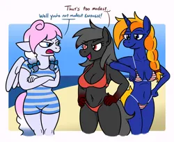 Size: 1922x1578 | Tagged: suggestive, artist:jargon scott, derpibooru import, oc, oc:blood stain, oc:comet dust, oc:heavy weather, anthro, earth pony, pegasus, unicorn, beach, bikini, breasts, clothes, commission, crossed arms, dialogue, floppy ears, hand on hip, horn, image, ocean, one-piece swimsuit, png, string bikini, swimsuit, teasing, trio, water