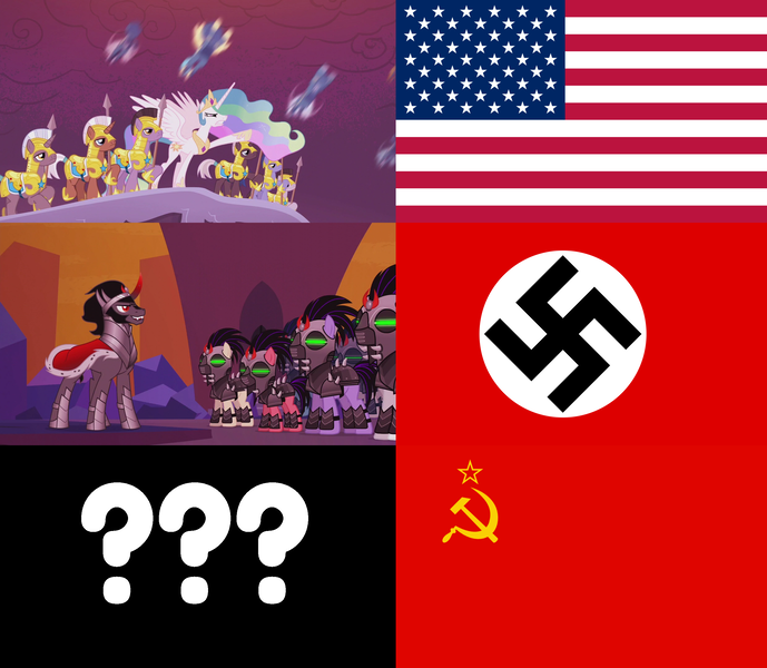 Size: 2480x2160 | Tagged: safe, derpibooru import, screencap, king sombra, princess celestia, alicorn, earth pony, pegasus, pony, unicorn, g4, the cutie re-mark, alternate timeline, crystal empire, crystal war timeline, equestria, horn, image, nazi, nazi germany, png, question mark, royal guard, sombraverse, soviet union, united states, world war ii