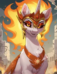 Size: 1000x1296 | Tagged: safe, ai content, derpibooru import, machine learning generated, prompter:ilager, prompter:lagerai, stable diffusion, daybreaker, pony, bust, chest fluff, evil grin, female, fire, generator:pony diffusion v6 xl, grin, image, lidded eyes, mane of fire, mare, png, portrait, smiling, solo