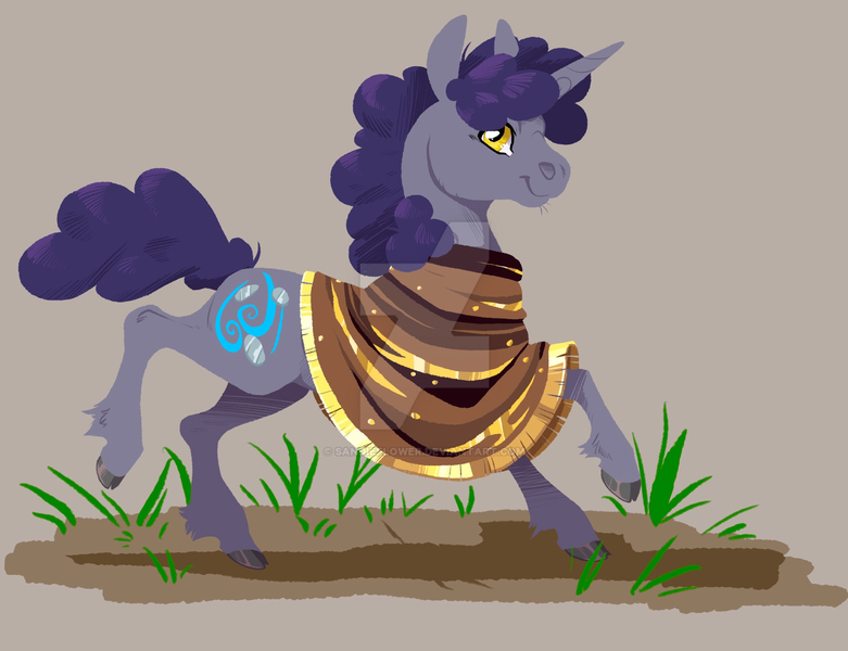 Size: 1920x1475 | Tagged: safe, artist:sandieflower, derpibooru import, oc, oc:rollin' stone, unofficial characters only, pony, unicorn, clothes, cloven hooves, crack ship offspring, deviantart watermark, female, grass, gray background, horn, image, jpeg, mare, obtrusive watermark, offspring, parent:hoo'far, parent:maud pie, poncho, running, simple background, solo, watermark