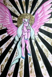 Size: 2337x3428 | Tagged: safe, artist:emmaneiac, derpibooru import, alicorn, pony, g5, eyes closed, female, gold leaf, image, jpeg, mare, opaline arcana, smiling, solo, spread wings, traditional art, wings