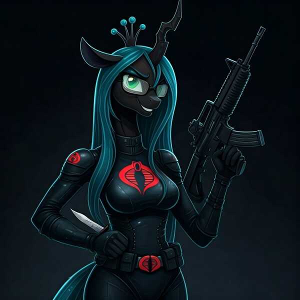 Size: 1024x1024 | Tagged: safe, ai content, derpibooru import, generator:google imagen 3.0, machine learning generated, prompter:zerowinger, queen chrysalis, anthro, changeling, changeling queen, assault rifle, baroness, bodysuit, clothes, cosplay, costume, evil grin, female, g.i. joe, glasses, grin, gun, image, jpeg, knife, rifle, simple background, smiling, solo, weapon