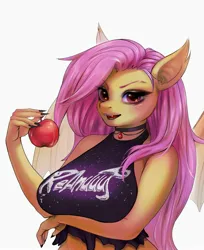 Size: 1633x2000 | Tagged: suggestive, artist:rednuuut, ponerpics import, fluttershy, anthro, bat pony, bat ponified, breasts, female, flutterbat, image, jpeg, looking at you, race swap