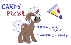 Size: 753x483 | Tagged: safe, artist:moonlightthegriffon, derpibooru import, oc, oc:candy pizza, unofficial characters only, pony, unicorn, base used, bio in description, cutie mark, dessert, female, food, horn, image, los ungulas, mare, png, reference sheet, simple background, solo, text, transparent background, unicorn oc