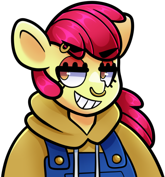 Size: 3599x3844 | Tagged: safe, artist:partypievt, derpibooru import, apple bloom, anthro, earth pony, pony, bust, clothes, eyebrow piercing, eyebrows, eyebrows visible through hair, hoodie, image, looking away, nose piercing, overalls, piercing, png, simple background, smiling, smirk, solo, teeth, transparent background