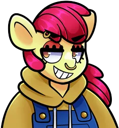 Size: 3599x3844 | Tagged: safe, artist:partypievt, derpibooru import, apple bloom, anthro, earth pony, pony, bust, clothes, eyebrow piercing, eyebrows, eyebrows visible through hair, hoodie, image, looking away, nose piercing, overalls, piercing, png, simple background, smiling, smirk, solo, teeth, transparent background