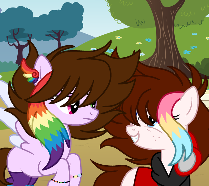 Size: 1535x1364 | Tagged: safe, artist:circuspaparazzi5678, artist:grell-breanna5678, artist:grellsutcliffbreanna, derpibooru import, oc, oc:rainbow iris, oc:red symphony, earth pony, pegasus, pony, 2nd ponysona, base used, clothes, earth pony oc, freckles, frown, grin, headphones, hoodie, image, pegasus oc, png, rainbow, smiling, wings