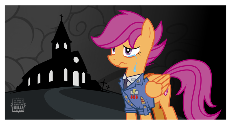 Size: 1919x1043 | Tagged: safe, artist:twifight-sparkill, scootaloo, pegasus, pony, badge, church, clothes, cloud, crying, cutie mark, fanfic art, female, folded wings, image, implied death, mare, necktie, older, png, solo, tail, teary eyes, uniform, wings