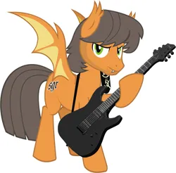 Size: 1007x992 | Tagged: safe, artist:twifight-sparkill, oc, oc:cynewulf, unofficial characters only, bat pony, pony, bat pony oc, bat wings, cutie mark, electric guitar, facial hair, fangs, frown, guitar, hoof hold, image, looking at you, male, musical instrument, png, solo, spread wings, stallion, tail, wings