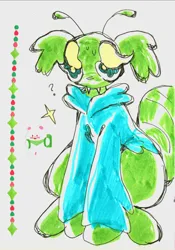 Size: 1756x2504 | Tagged: safe, artist:larvaecandy, derpibooru import, oc, oc:mrówka, unofficial characters only, ant, ant pony, insect, original species, pony, alternate color palette, antennae, big eyes, blue eyes, blue hoodie, clothes, ear fluff, fangs, floppy ears, green body, hoodie, image, jpeg, looking at you, mixed media, no mouth, question mark, scan, sitting, solo, sparkles, sticker, stinger, sweat, sweatdrop, traditional art, two toned eyes