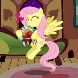 Size: 899x899 | Tagged: safe, artist:twifight-sparkill, fluttershy, pegasus, pony, carpet, couch, cross-popping veins, crossover, eyes closed, fluttershy's cottage, flying, frown, happy, heart, image, indoors, metroid, metroid (species), png, smiling, spread wings, tail, wings