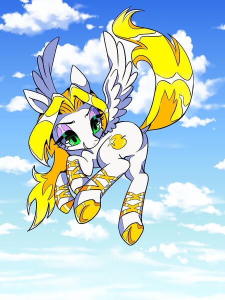 Size: 1200x1600 | Tagged: safe, artist:stacy_165cut, derpibooru import, oc, oc:golden apple (stacy165cut), unofficial characters only, pegasus, pony, ballet slippers, big eyes, blonde mane, blonde tail, butt, colored hooves, dock, eyelashes, eyeshadow, female, female oc, flying, fringe, gold hooves, green eyes, hooves, image, jpeg, lidded eyes, long mane, long tail, looking back, makeup, mare, mare oc, narrowed eyes, pegasus oc, pink eyeshadow, plot, raised tail, shiny eyelashes, shiny hooves, shiny mane, shiny tail, sky background, smiling, smirk, solo, tail, three quarter view, underhoof, white coat, wings, yellow mane, yellow tail