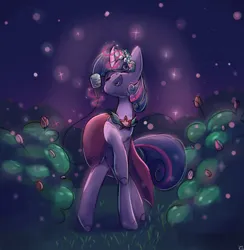 Size: 1280x1309 | Tagged: safe, artist:summerbeachyt, derpibooru import, twilight sparkle, pony, unicorn, a canterlot wedding, g4, bridesmaid dress, clothes, dancing, dress, eyes closed, female, garden, glow, glowing horn, horn, image, jpeg, love is in bloom, magic, mare, night, scene interpretation, singing, solo, telekinesis, unicorn twilight